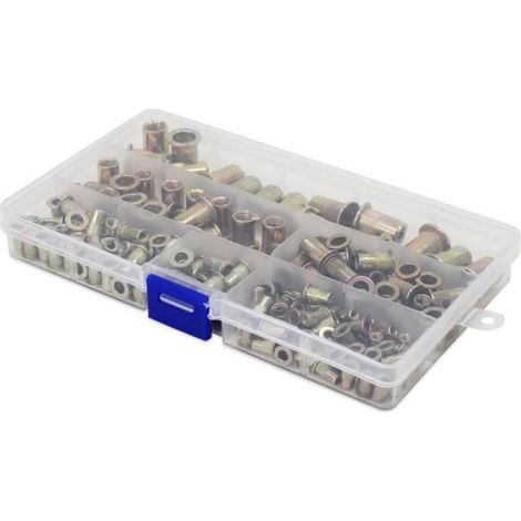 Rivet Écrou,Inserts Filetés Écrou Acier au Carbone Plaqué au Zinc dans Boite en Plastique M3 M4 M5 M6 M8 M10 M12 165 pièces (1/4)