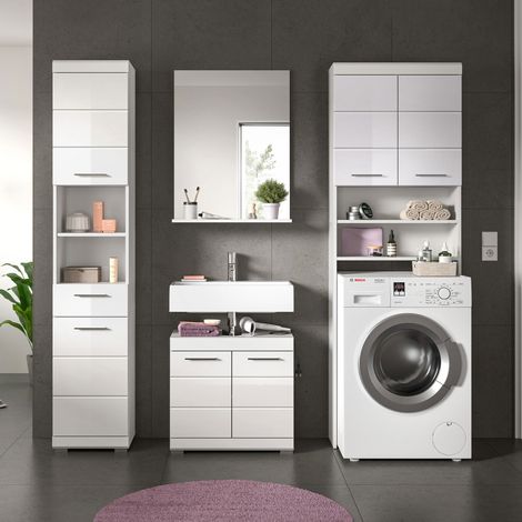 Meuble machine à laver + 2 meubles + miroir et blanc brillant - KAN