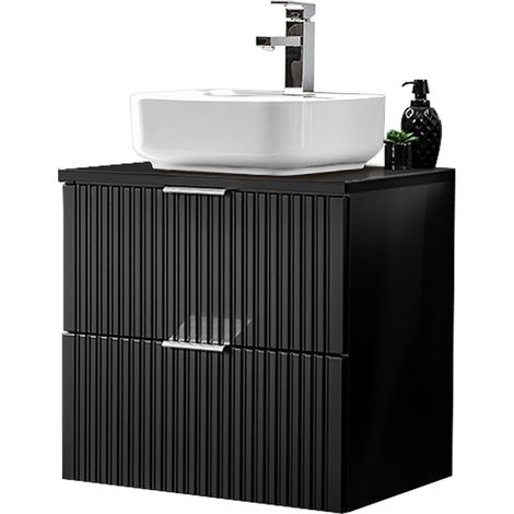 Badezimmer Waschtisch, 61 cm, mit Keramik Waschbecken, Rillenoptik matt schwarz, ADELAIDE-56-BLACK, B/H/T ca. 60,6/73,2/46,5 cm (1/5)