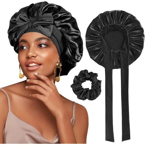 Bonnet en satin, bonnet de nuit en soie pour femme, bonnet de nuit ajustable en satin avec élastique doux, bonnet de nuit en soie avec lien à nouer (1/5)