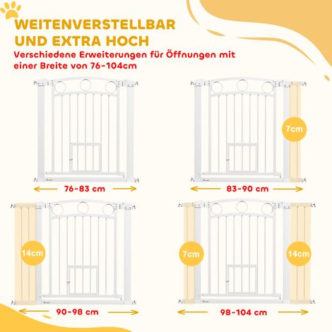 Barrière de sécurité réglable 77 cm, largeur ajustable 76-104 cm, avec passage pour chat, pour escalier et porte, couleur blanche