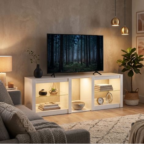 Mobile TV 160x35x52 cm bianco in legno ingegnerizzato con ripiani in vetro regolabili (1/5)