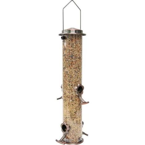 Mangeoires à oiseaux en métal Mangeoire à oiseaux en métal Acier inoxydable pour l'extérieur À suspendre Finition cuivre entièrement métallique 15 pouces 4 ports (graines non incluses) (1/5)