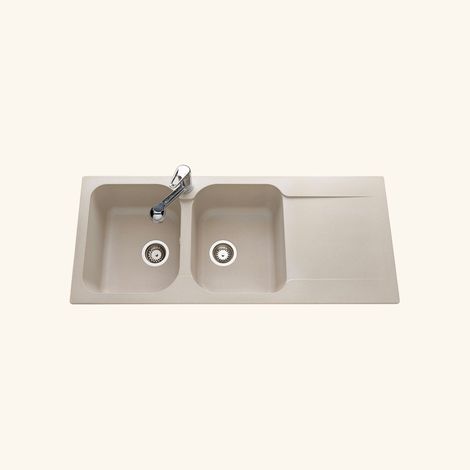 Évier résine beige moucheté 116x50 cm – 2 bacs réversibles – Évier à encastrer avec vidage manuel – Meuble sous évier 80 cm minimum – EWI