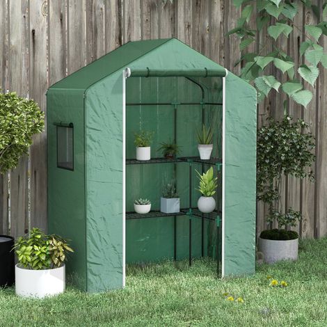 Rangement Serre de jardin avec 1 porte 2 fenetres et étagères en forme de U pour Légumes Plantes Fleurs Bâche PE 140x73x190 cm (1/4)