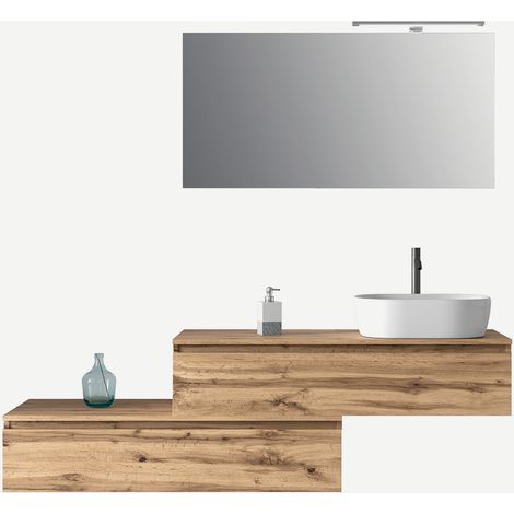 Mobile bagno sospeso con specchio e lavabo 5 pezzi Astra - Legno Naturale