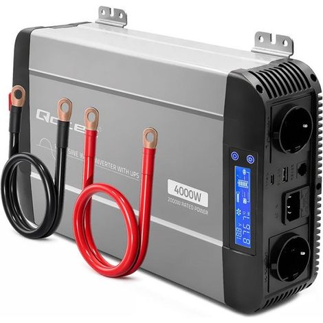 Convertidor de voltaje de onda sinusoidal pura Qoltec con UPS  12V a 230V  2000/4000W  LCD  USB  USB-C  Compatible con LiF