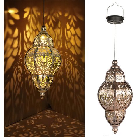 Lanterne de projection solaire en métal avec lumières LED suspendues ajourées et sculptées, idéale pour la décoration de jardin. (1/5)