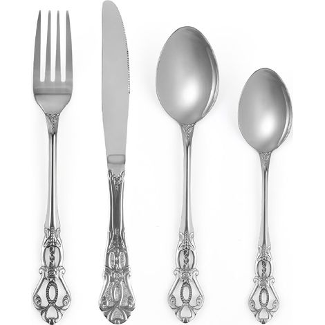 set couverts de table argent 6 personnes Rétro, ensemble de couverts inox 24 pièces, se compose de couteaux/fourchettes/cuillères, finition Poli résistant, facile à nettoyer (1/5)