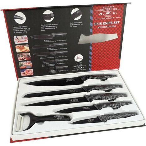 Couteau De Cuisine - Acier Au Carbone - Revêtement Antibactérien Et Antiadhésif - Pour Préparation Culinaire - Set De 5 Couteaux Et Éplucheur