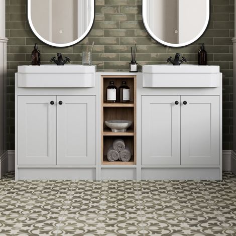 1540mm Bathroom Double Vanity Unit Semi-Recessed Basin Shelf Storage, Traditional, Black Handles, White (1/5)