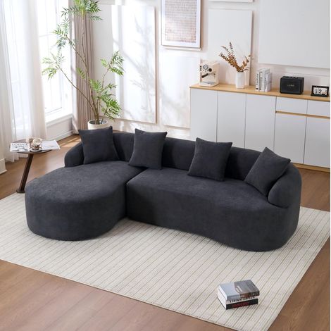 Divano modulare curvo a 3 posti, chaise longue sinistra, rivestimento in chenille, grigio scuro (1/5)