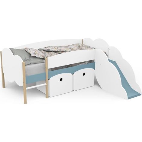 DEMEYERE Lit toboggan - 90 x 200 cm - Sommier a lattes - 2 Tirroirs - Décor blanc et bleu orage (1/5)