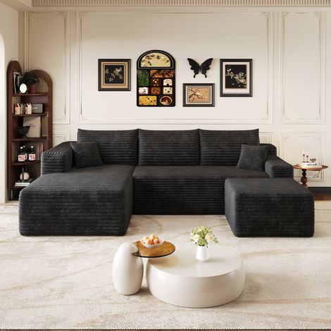 Canapé d'angle U 3 places en Velours Côtelé,Chaise longue gauche + Pouf,Sans assemblage,Compressé,241x151x58cm,Noir