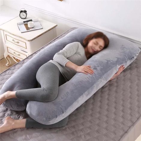 Coussin de Grossesse en Forme de U,Coussin Allaitement de Maternité Ergonomique,Soutient Tout Le Corps,Velours-Gris,130x70cm (1/4)