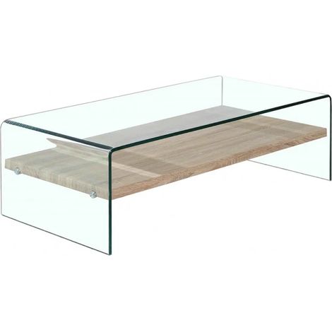 Table basse rectangulaire 110 cm en verre trempé 12 mm – Étagère décor bois chêne – Hauteur 35 cm – Poids max 40 kg – Meubletmoi (1/5)