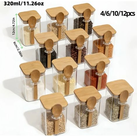 (12 pièces) Bocaux de rangement carrés en verre hermétique avec couvercles en bambou et cuillères, adaptés pour conserver les épices, le sucre et le café dans la cuisine. (1/5)