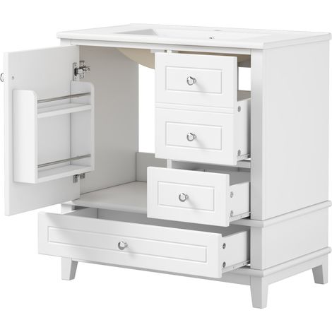 81 cm Waschbeckenunterschrank in Hochglanzweiß mit Keramikwaschbecken, 3 Schubladen, Tür mit Ablagen (1/5)