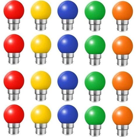 Lot de 20 ampoules led couleur b22 ampoules baïonnette 2w Rouge, Jaune, Orange, Vert, Bleu,Incassable (équivalence 20W)..