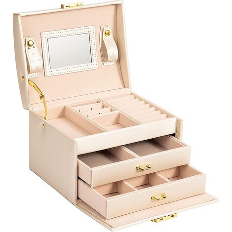Coffret à bijoux à 3 niveaux, en velours avec couvercle en verre, plusieurs compartiments pour colliers, bracelets et bagues, avec serrure et clé, noir JBC158B01 (1/5)
