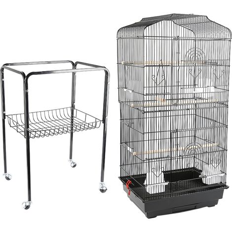 Sifree – Volière pour oiseaux avec roulettes – 4 mangeoires – 3 perchoirs – Dimensions 46x35,3x150,6cm – Distance entre barreaux 1cm (1/4)
