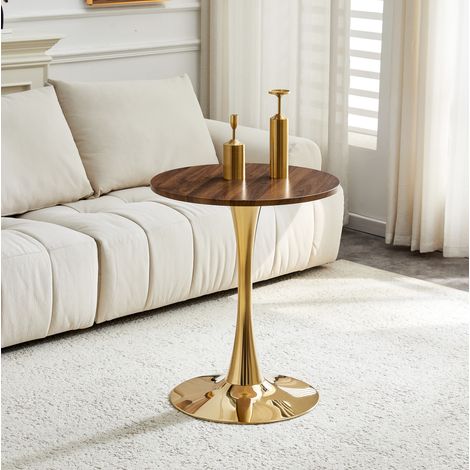 Mesa auxiliar redonda 60 cm efecto nogal y dorado con pie central metálico y tablero MDF efecto madera, altura 72 cm (1/5)