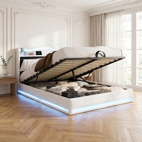 Lit coffre 160x200 cm avec éclairage LED, tête de lit de rangement, Fonction de charge USB, sommier à lattes en bois, Lit capitonné en velours - Beige (1/5)