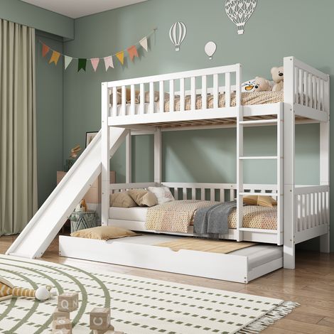 lit superposé enfant gigogne toboggan 90x200 bois blanc OKMYHOME (1/5)