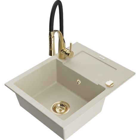 Mexen Enzo Granitspüle 1-beckig mit Abtropffläche und Küchenarmatur Aster, beige - 6506-69-73450-57-G (1/5)
