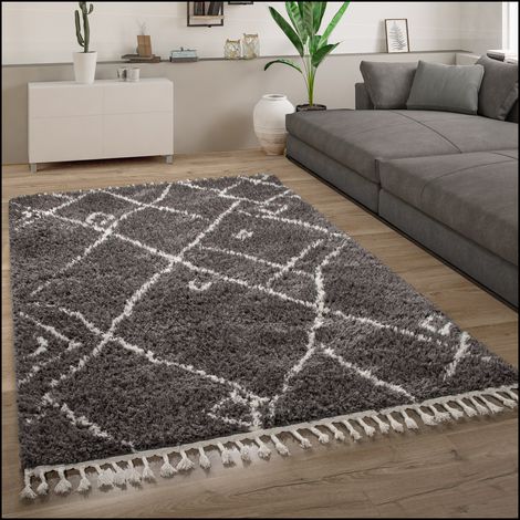 Paco Home Hochflor Teppich Wohnzimmer Shaggy Skandinavisch Fransen Flauschig Modern 140x200 cm, Anthrazit 2