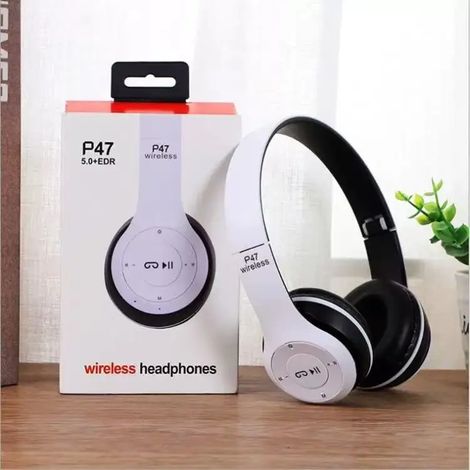 Écouteurs Bluetooth sans fil (blancs) avec microphone HD, pliables, stéréo, adaptés au sport et aux jeux vidéo. (1/5)