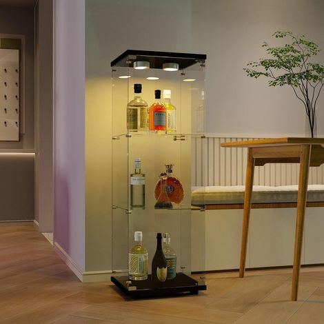 Vitrine en verre avec LED, 3 étagères, 1 porte, noire (1/5)