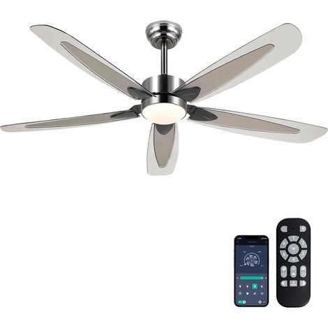 Ventilateur de Plafond Noir 132cm avec Lumière LED, Moteur DC Silencieux et Profil Bas, 5 Pales Réversibles, Contrôle par App et Télécommande, Design Moderne, Argent (1/5)