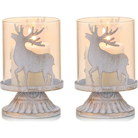 Lot de 2 Bougeoirs Chandelier en Métal Supports pour Bougies Piliers, en Détresse de L'ouragan Préfèrent Pièces pour Décoration de Cheminée de Manteau de Table de Noël, Blanc (1/3)