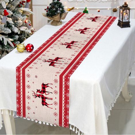 Chemin De Table Noel en Lin Rouge 230 x 33cm, Decoration Noel Table, Long Chemin De Table Noel Rouge Avec et Flocon De Neige (1/5)