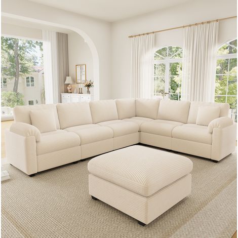 Sofá esquinero modular XXL U/L de 7-8 plazas, 274,5 x 210,5 x 85,5 cm, pana beige, con otomana. (1/5)