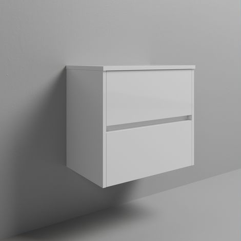 Montego Gloss White 600mm Wall Mounted 2 Drawer Vanity Unit for Countertop Basins