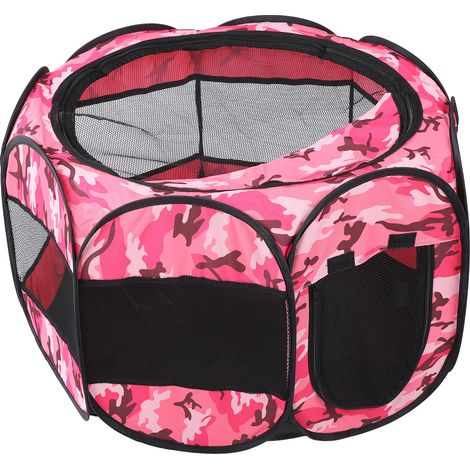 Parc pliable pour animaux de compagnie, en filet, enclos d'exercice ouvert en plein air pour chiens et chats, tente, aire de jeux XBD95 Camouflage rose S (1/5)
