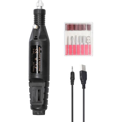 Mini-Elektrobohrmaschine mit USB-Anschluss zur Gel-Nagelentfernung, einstellbare Drehzahl 3000–20000 U/min, Schleifscheiben-Set mit 6 Aufsätzen