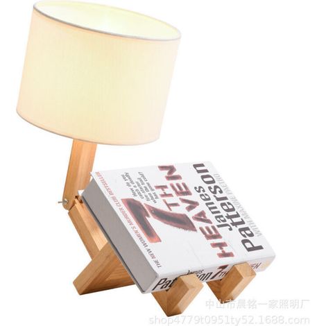 Robot Bedside Lamp, Creative Table Lamp with Adjustable Wooden Base, Modern E27 Desk Lamp for Living Room with Fabric Shade, DIY Decorative Lamps for Bedroom and Children's Room [Energy Class A+]