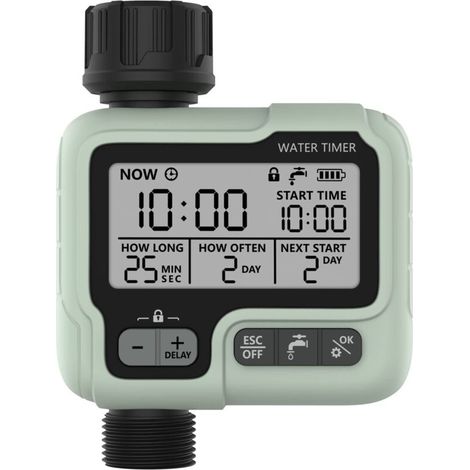 Automatischer Bewässerungstimer mit IPX5-Schutzart – Bewässerungstimer mit LCD-Bildschirm – Werkzeuglose Installation – Manueller Modus und Regenverzögerungsmodus