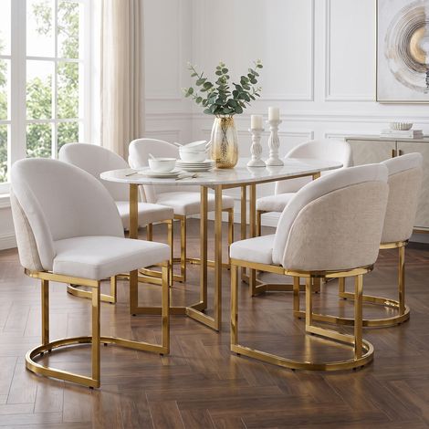 Juego de 6 Sillas de Comedor en Chenilla, Respaldo Doble, Asiento Acolchado, Patas de Metal, Beige y Oro (1/5)