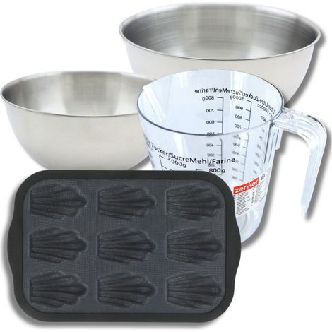 Set pâtisserie avec moule 9 madeleines 28 x 18 cm en silicone, 2 bols à mixer, verre mesureur et spatule Zenker (1/5)
