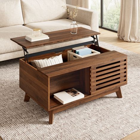 DESMIU Table basse relevable avec 1 niche et porte coulissante, pour salon, en MDF, noyer, 90 × 55 × 57,5 cm (1/5)