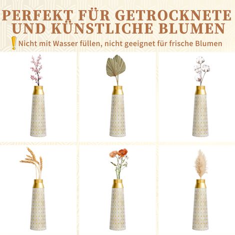 Lot de 3 grands vases dorés en métal, décor géométrique moderne, hauteurs 42/51/60,5 cm, parfaits pour salon, salle à manger, fleurs séchées et herbes de la pampa. (1/5)