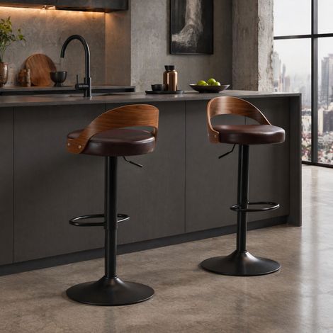 Lot de 2 tabourets de bar pivotants 360° en PU marron, hauteur réglable, modernes FLORAGRACE (1/5)