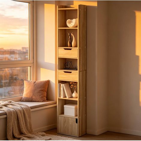 Étagère bibliothèque 33x24x181 cm en bois mélaminé décor chêne clair gain de place - CHICFURN (1/5)