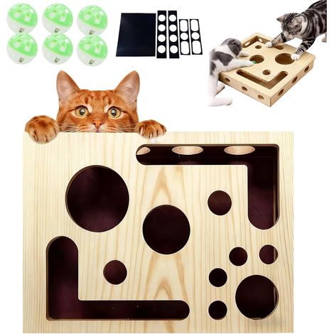 Cat Scratch Puzzle Enrichment Box, Nail File Stress Free Alternative to Clippers and Grinders, Cat Nail File Box With Bell, Wooden Toy Box Sandpaper Inside for Scratching & Indoor Enrichment (A)