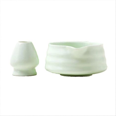 Service à thé Matcha japonais - Bol en céramique 2 pièces avec bec verseur et support pour fouet en bambou, idéal pour la cérémonie du thé, le bureau ou comme cadeau. (1/5)