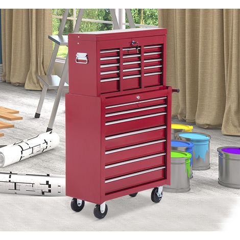 Chariot porte-outils en acier rouge avec 16 tiroirs et serrure (1/5)